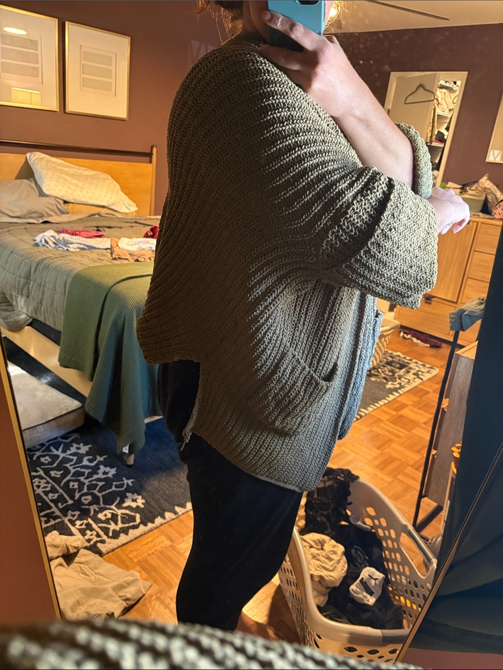 POL Asymmetrical Olive Open-Front Chunky Knit Cardigan - Picture 4 of 4